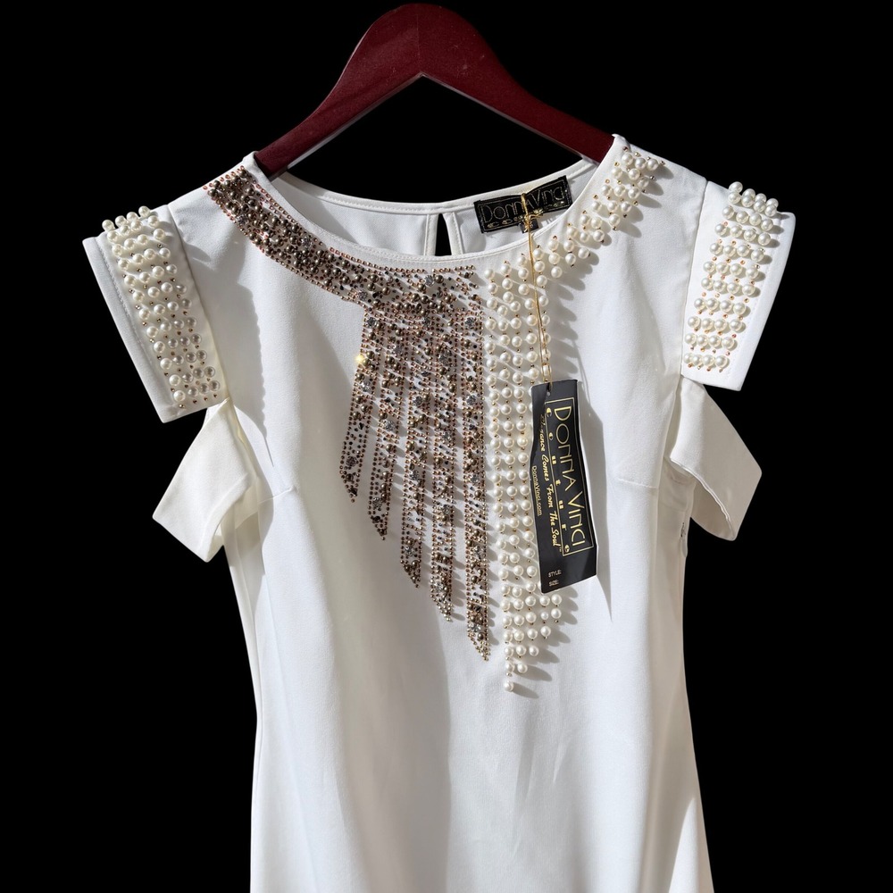 Donna Vinci Couture NWT White Embellished Sheath Dress Pearl Bead Size XS